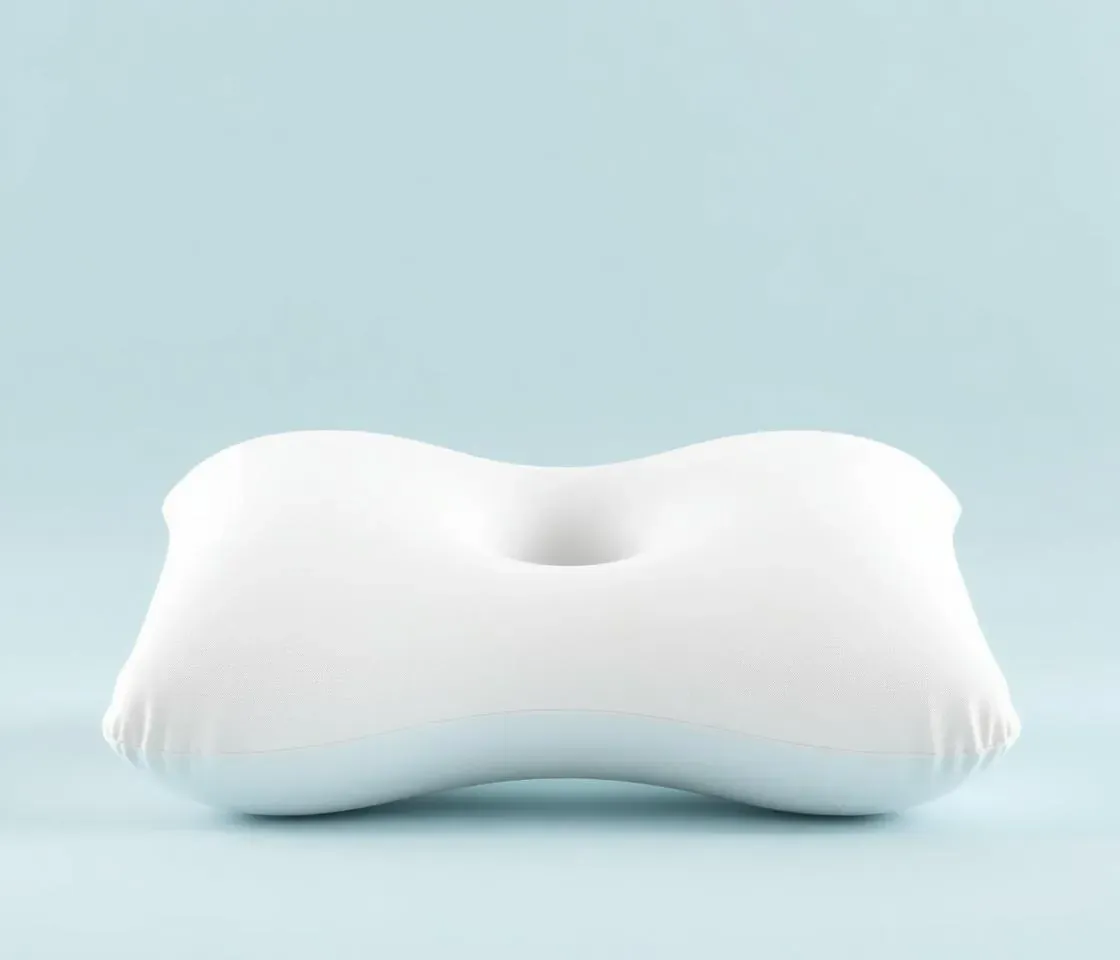 Derila Ergo pillow product photo: butterfly-shaped contoured memory foam pillow with a central head hollow